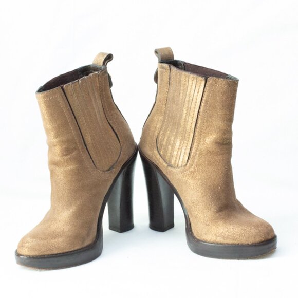 Tory Burch Gold Bronze Chelsea Ankle Boots Logo Monogram Block Platform Heel 5 - Picture 7 of 10